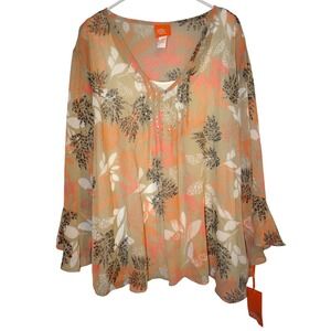 Hearts of Palm Woman Floral Sheer Beaded V Neck Blouse Top 3X Tan Orange
